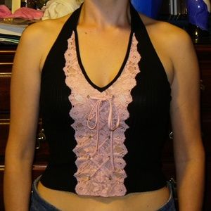 Small BEBE Black and Pink Lace Up Halter Top
